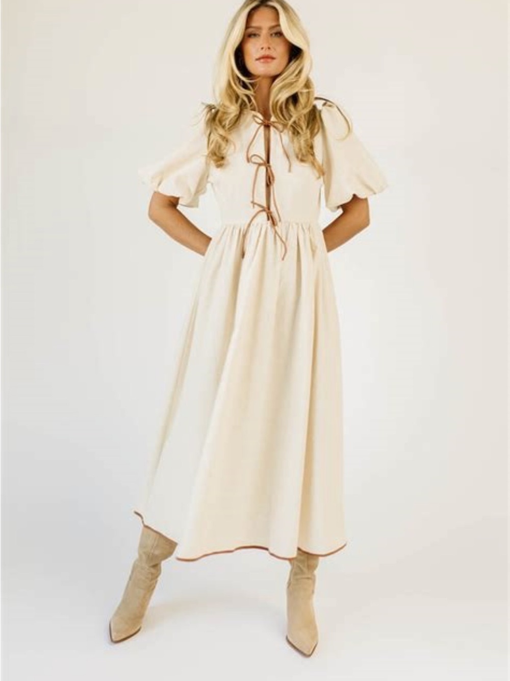 Puff Sleeve Tie-Front Midi Dress in Cream